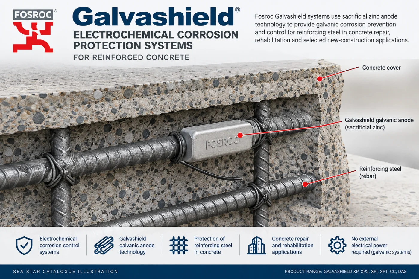 Sea Star catalogue illustration – Fosroc Galvashield electrochemical corrosion protection system